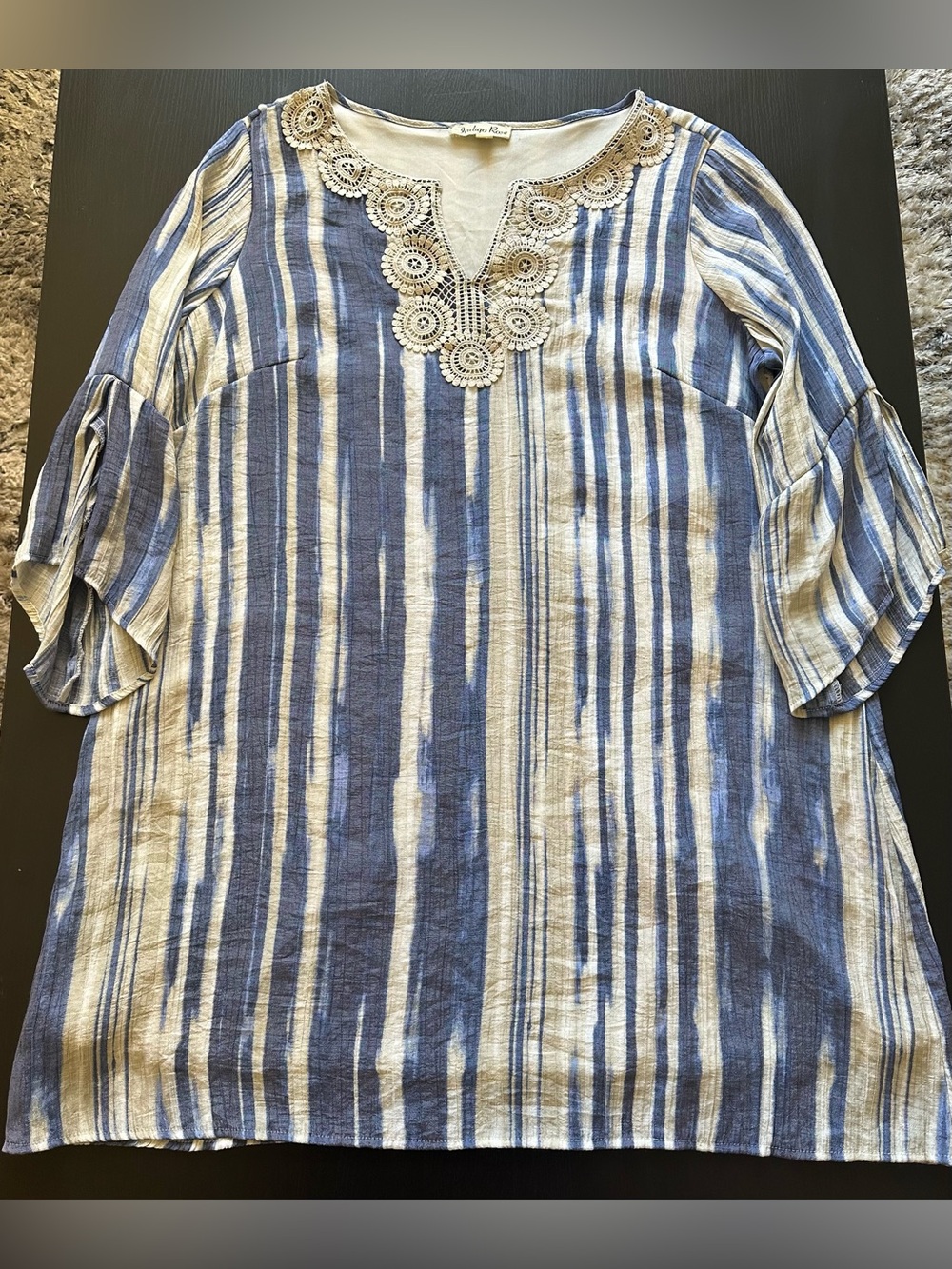 Striped Blue & White Mini Dress with Crochet Yoke